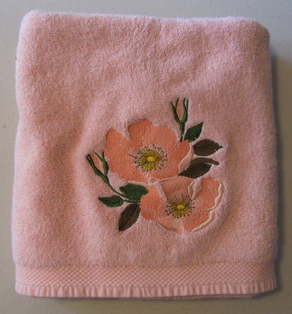 Peach Pink Bath Towel Embroidered With Peach Flower & Green Leaves