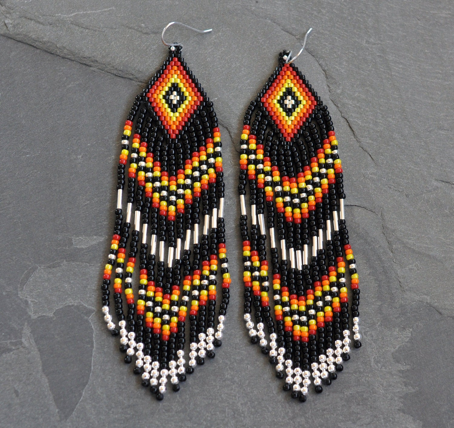 Native American beaded earrings in Black Silver Red Fire