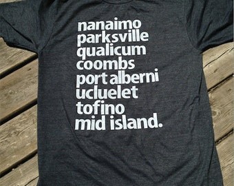 Men's Vancouver Island Mid-Island Tshirt. Nanaimo, Parksville, Qualicum, Coombs, Port Alberni, Ucluelet, Tofino