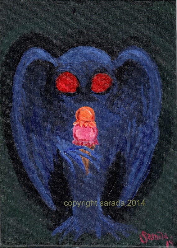 Mothman with ice cream cryptid art original painting 5 x 7 sci fi weird cryptozoology conspiracy geekery science fiction kitsch decor