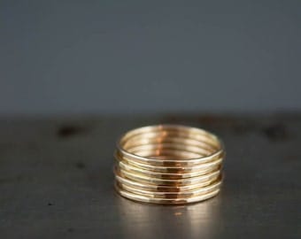 Thin 14k Gold Ring, Delicate Gold Ring, Gold Stacking Ring Set of 6, Simple 14k Gold Filled Hammered Rings