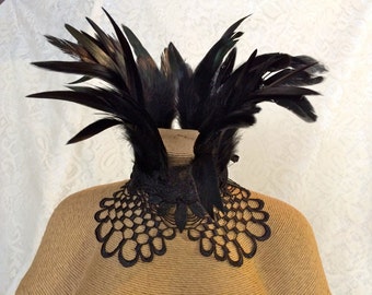 Maleficent feather collar - Victorian feather ruff necklace - black goth witchy feather choker - ready to ship - netted coque