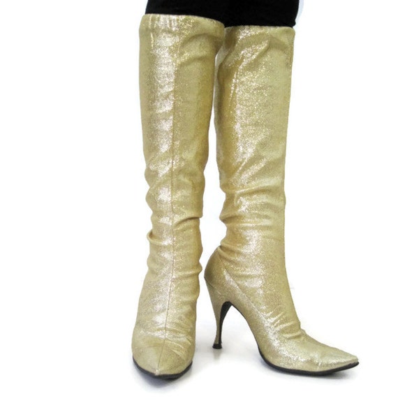 Vintage Gold Boots 60s Go-go Lurex Sparkly Knee High Stretch
