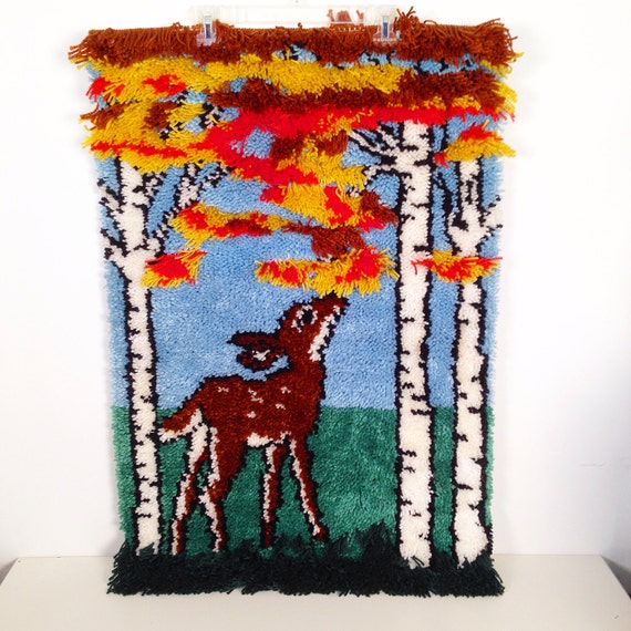 vintage rug woodland deer latch hook wall by forrestinavintage