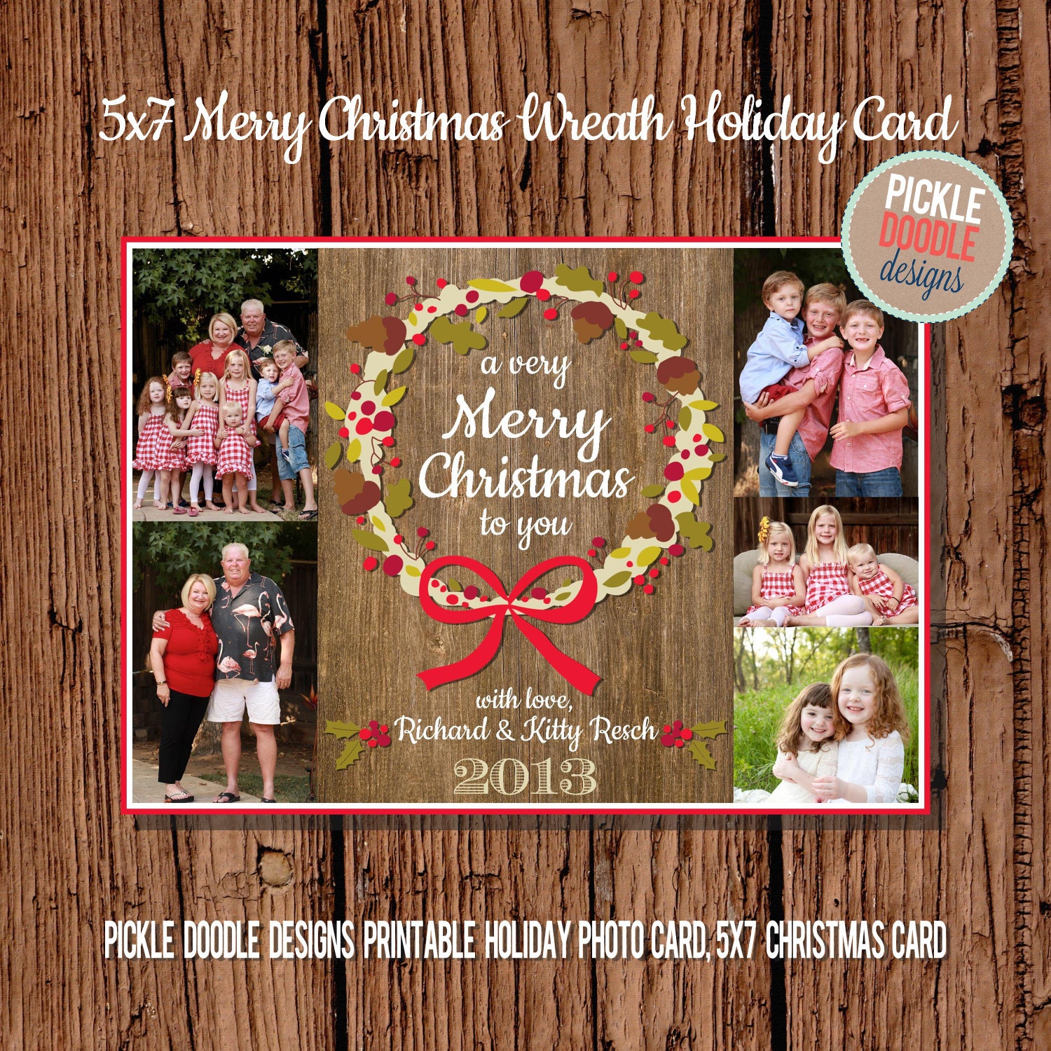 Christmas Card : Wood Grain & Bright Red Merry Christmas Wreath Custom Photo Holiday Card