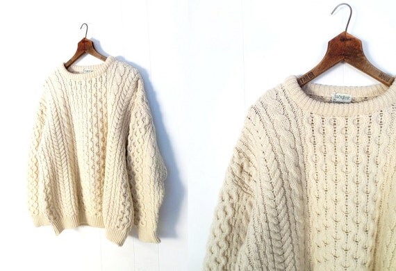 Aran Wool Sweater / Irish Fisherman Sweater / Cream Wool Sweater / L XL