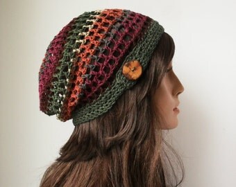 Button tab Slouchy Mesh Tam fall colors multicolor Eco Friendly Hemp made to order