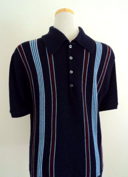 Vintage 1960's Mens Mod Blue Striped Collared Knit Shirt