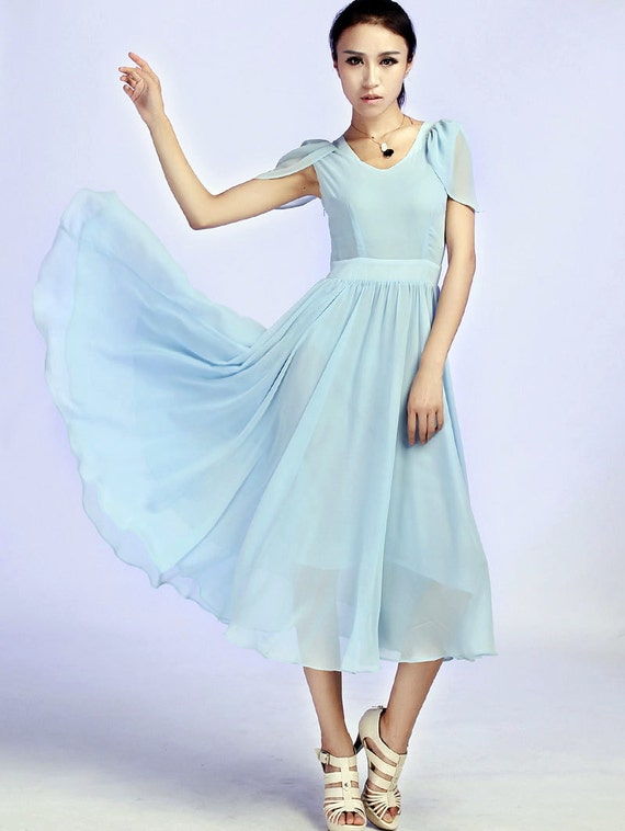 Light Blue Chiffon Maxi Wedding Dress Prom Dress 608 