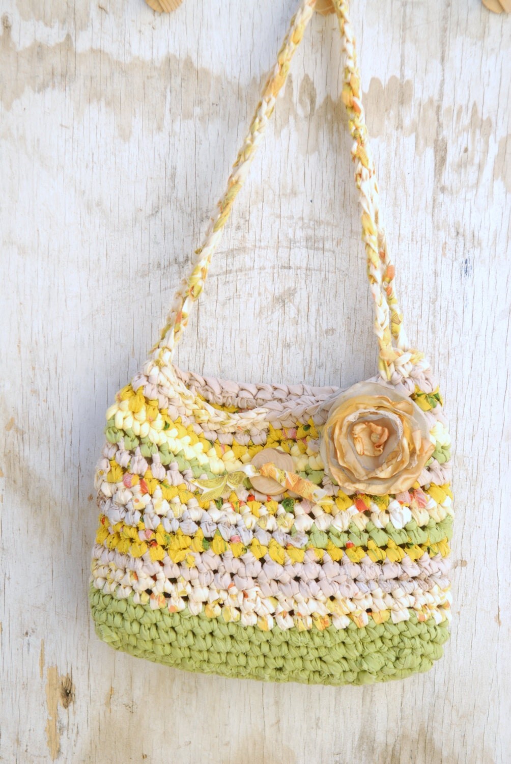 Rag Bag Yellow & Lime Fabric Rustic Crochet Bag