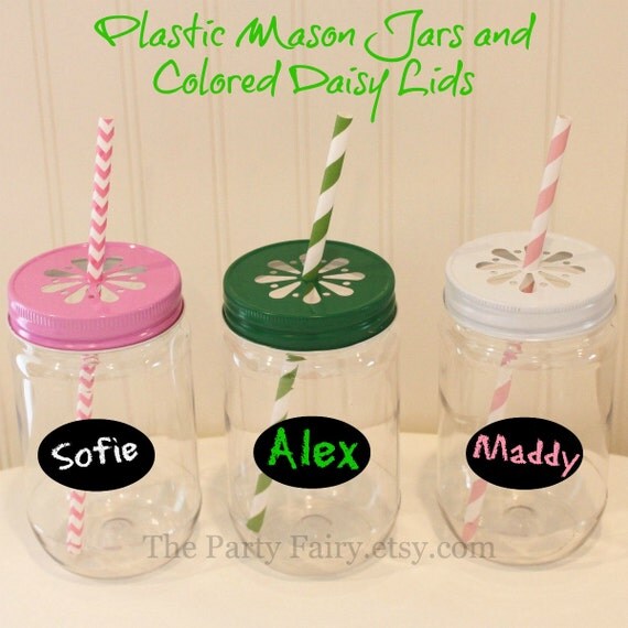 PLASTIC Mason Jars, 6 Plastic Mason Jars & Colored Daisy Jar Lid or White Lids, Plastic "UNBREAKABLE" Jars. Mason Jar Sippers, Party Favor Il_570xn