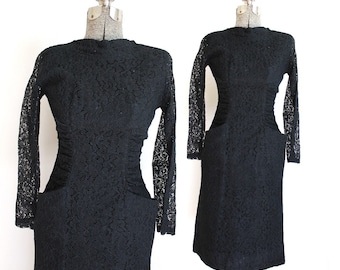 1950s Dress / Black 50s Dress / 50s Black Lace Dress
