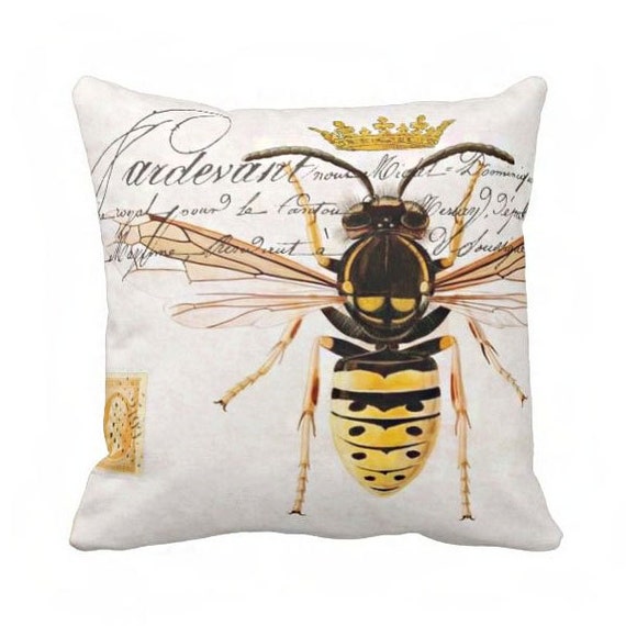 Items similar to Pillow Cover Yellow Queen Bee with Crown Cotton and