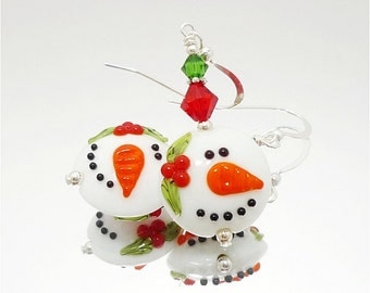 Snowman Earrings, Christmas Earrings, Lampwork Earrings, Glass Bead Earrings, Whimsical Earrings, Snowman Jewelry, Christmas Jewelry
