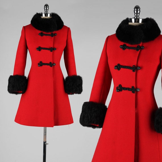 vintage 1960s coat . red wool . black fur trim . 3017