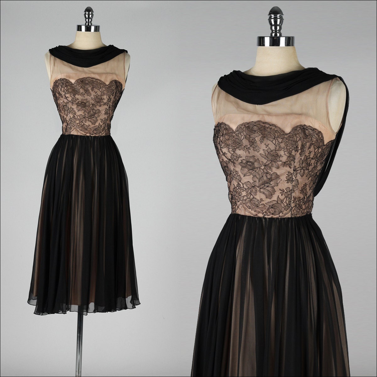 vintage 1950s dress . black lace illusion . cocktail dress