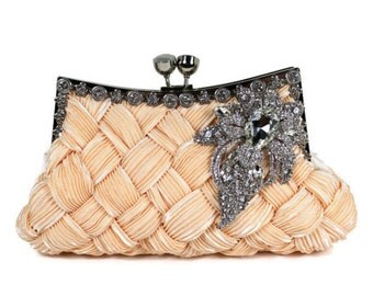 Bridal Clutch, Soft Peach Bridal Clutch, Wedding Clutch, Vintage Style Bridal Clutch, Evening Bag with Large Crystal Vintage Style Brooch