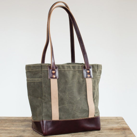 No. 115-L Carry Tote in Olive Waxed Canvas & Cordovan Leather