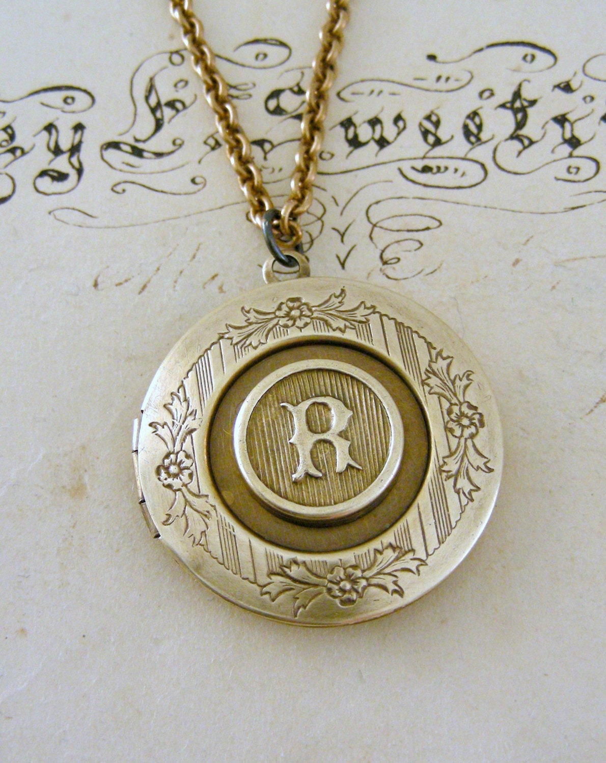 Locket Necklace Initial R Letter R Vintage Brass Jewelry