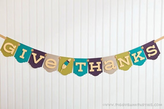 Give Thanks Banner : Modern Mix Thanksgiving Banner | Turkey Day Sign | Holiday Decoration with Feather & Art Deco Panel | Tribal Feather Il_570xn