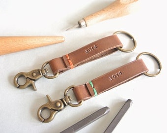 Personalized Leather Keychain Keyclip Fob Hand-stitched Hand stamped Thick leather
