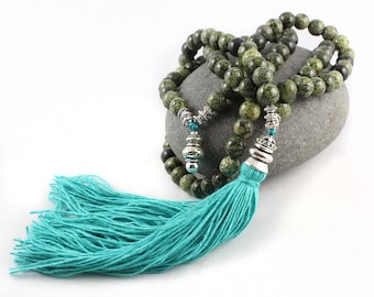 Green Mala, Gemstone Mala, Mala Beads, Yoga Jewelry Women, Tassel Mala, 108 Bead Mala, Tassel Necklace, Japa Mala, Prayer Beads, Yoga Gift