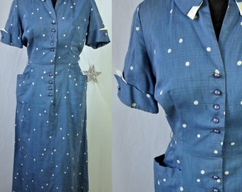 40's Dress Blue Polka Dot Betty Hartford Cotton Print Pin Up Girl size small