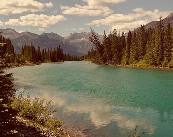 Rustic Mountain Decor - Woodland Photography - Banff Canada Photograph - Vintage Inspired Landscape Print Trees Lake Home Decor