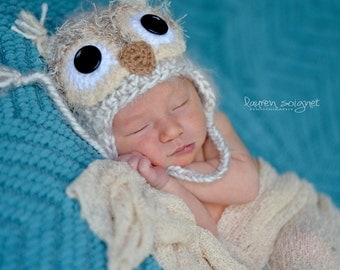 Baby Owl Hat - Newborn Fuzzy Owl Hat - Baby Crochet Hat Photo Prop
