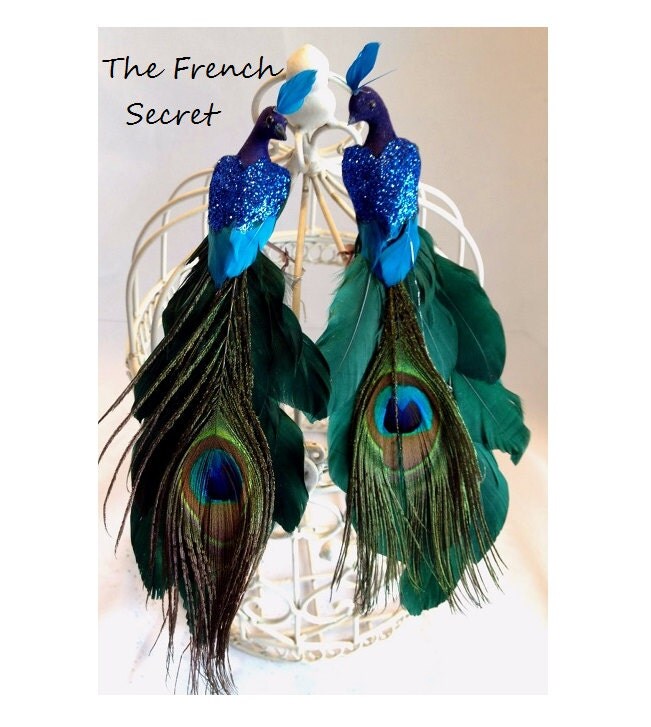 Chic Christmas 2 BLUE Peacock Ornament Decoration Topper Shabby Glitter Bird Feather Tree Victorian Wreath Centerpiece Lot