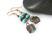 Turquoise Earrings, Turquoise Jewelry, Boho, Hippie, Stone Earrings, Dangle Earrings, Patinated Copper