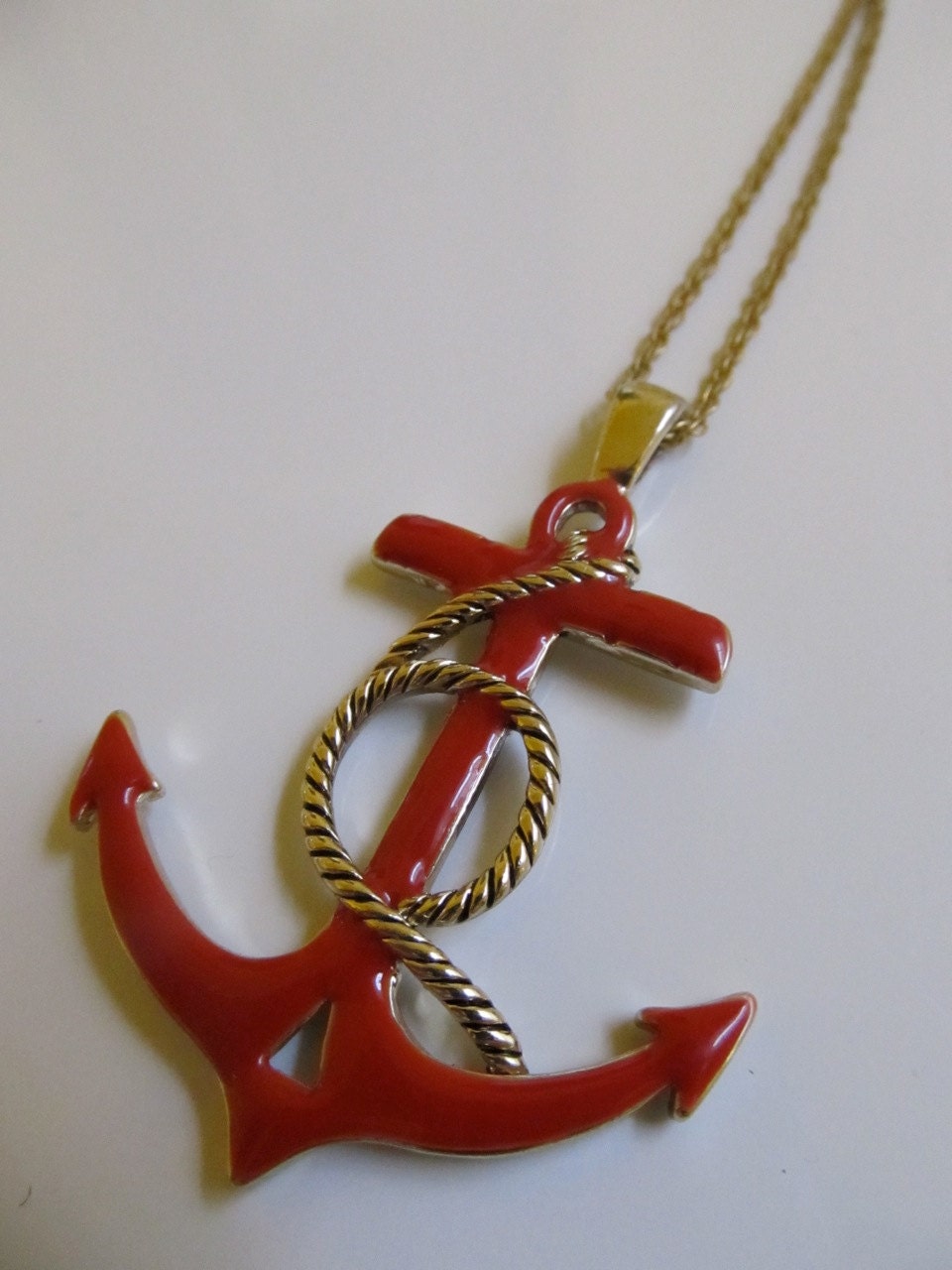 Anchor Necklace Nautical Gold Rope and Red Enamel Pendant