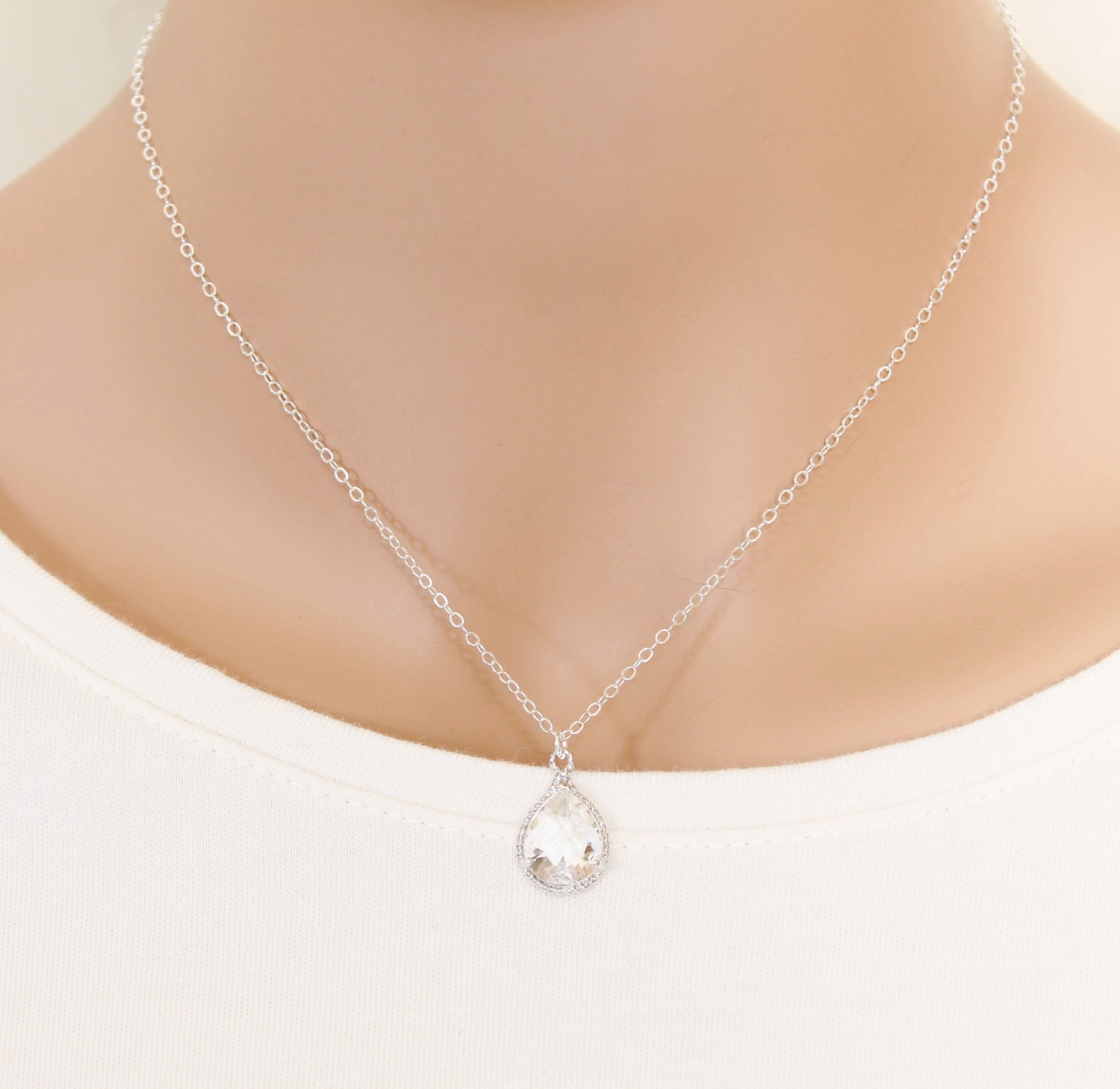 Crystal Tear Drop Necklace April Birthstone Wedding Jewelry