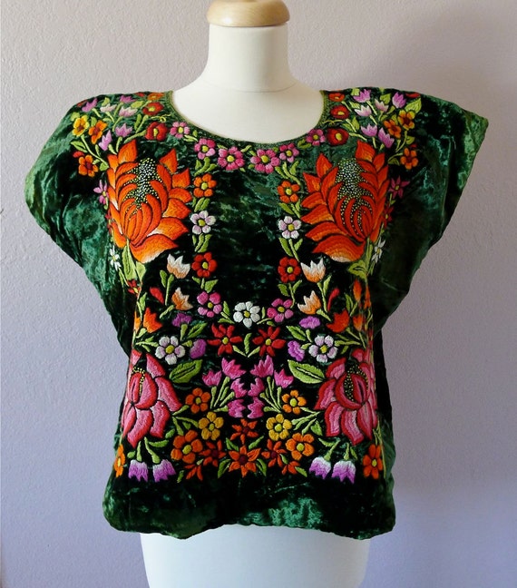 Mexican embroidered huipil blouse Tehuana DeepGreen velvet