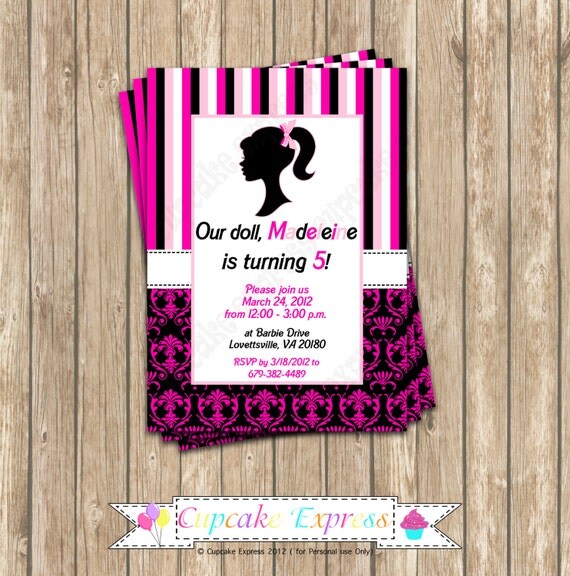 DIY Barbie Inspired Photo Birthday Party PRINTABLE Invitation 5x7 Pink black Photo Il_570xn