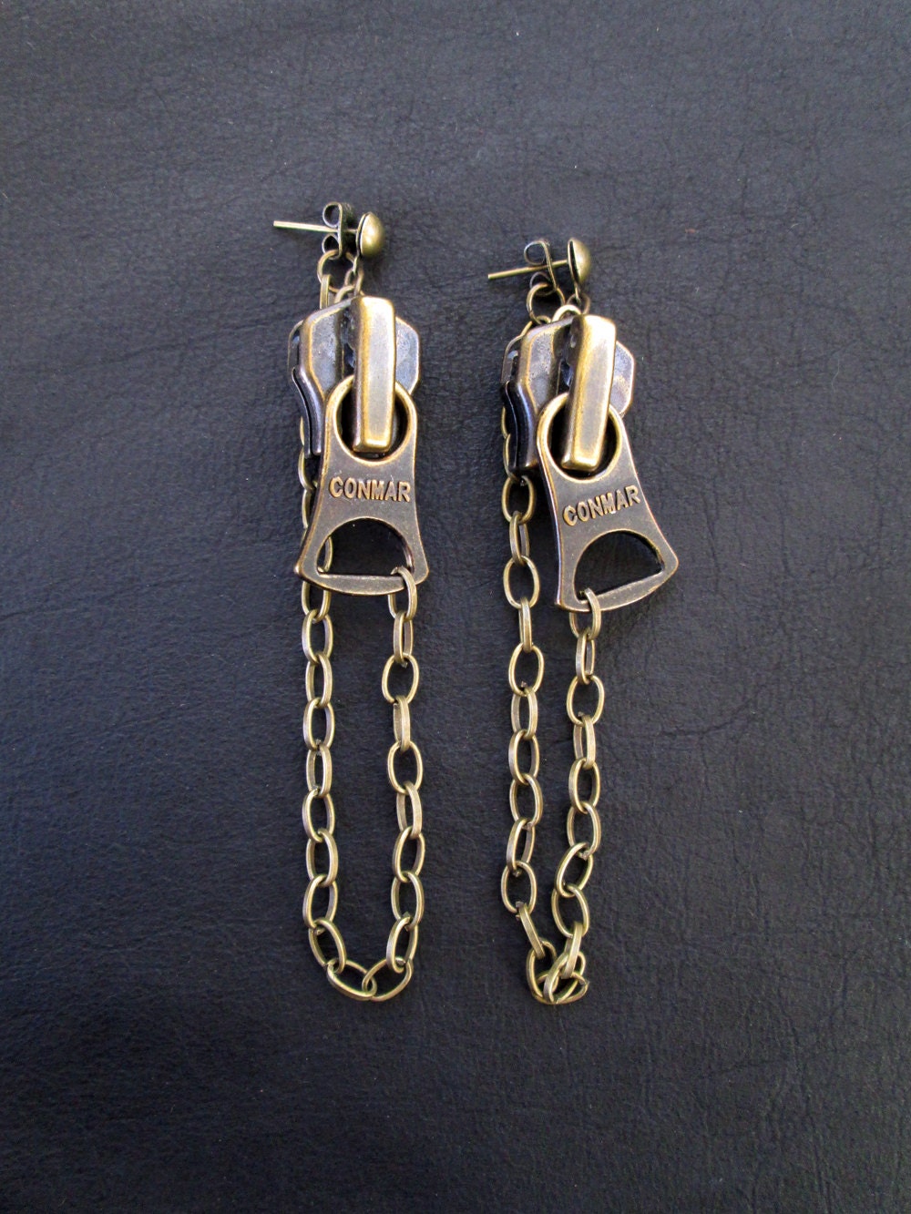 Chunky zipper earrings antique brass tone recycled zippers