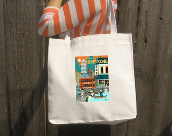 Hong Kong Large Canvas Tote Bag Mid Century Modern Style Sturdy 100% ...