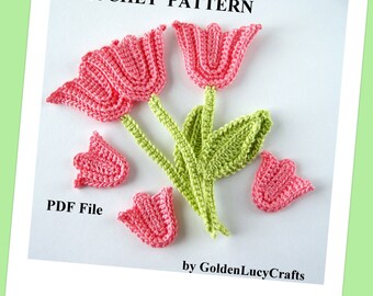 and crochet leaf stem pattern File, Spring Stem with and Tulip Applique, PDF Crochet Pattern Leaf