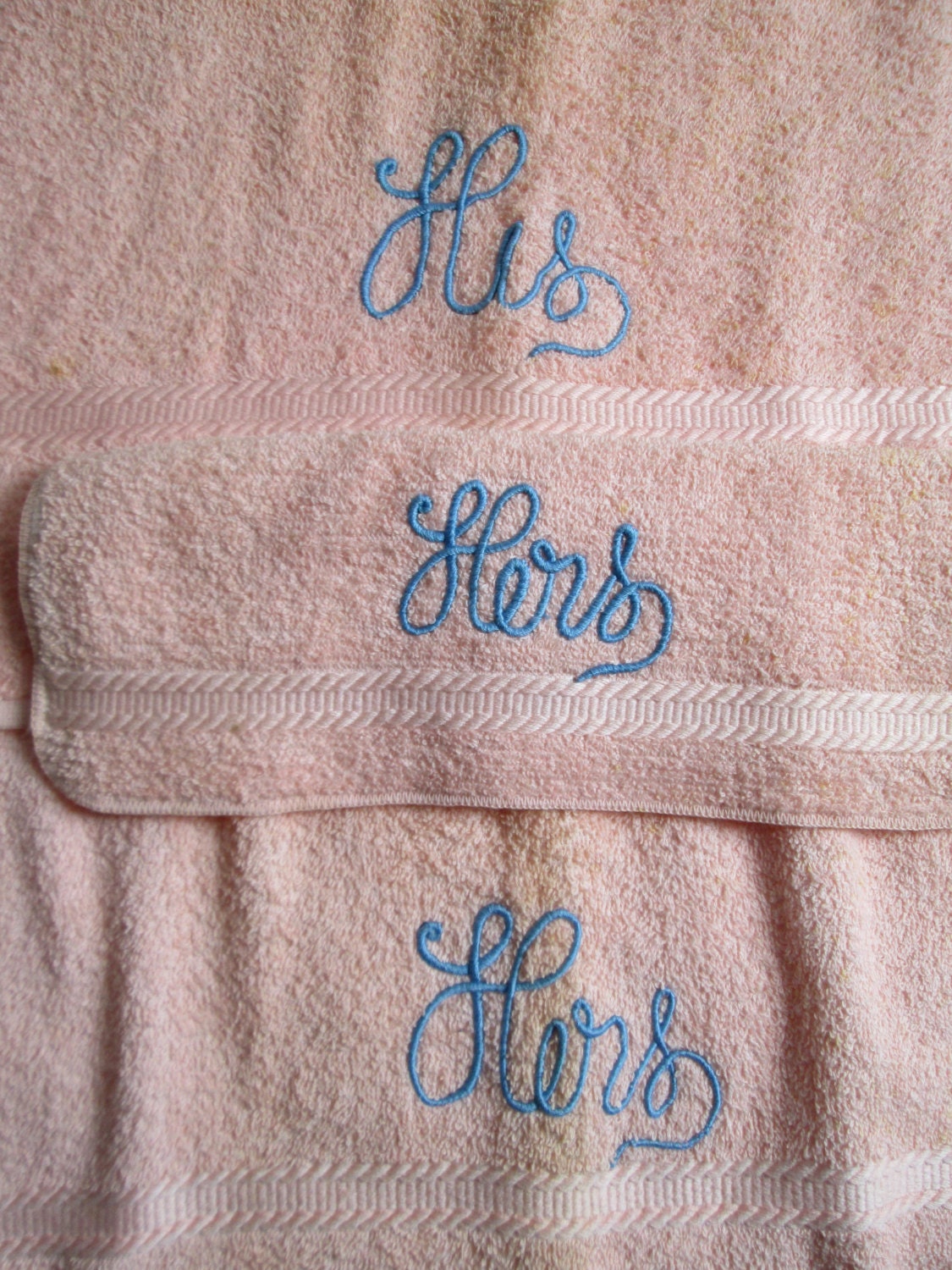 His and Hers Bath towel Set. Vintage 1960 wedding. 3 Piece
