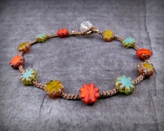 Boho Beach Anklet, Hippie Chic Jewelry, Earthy Multi Color, Bohemian Crochet Jewelry