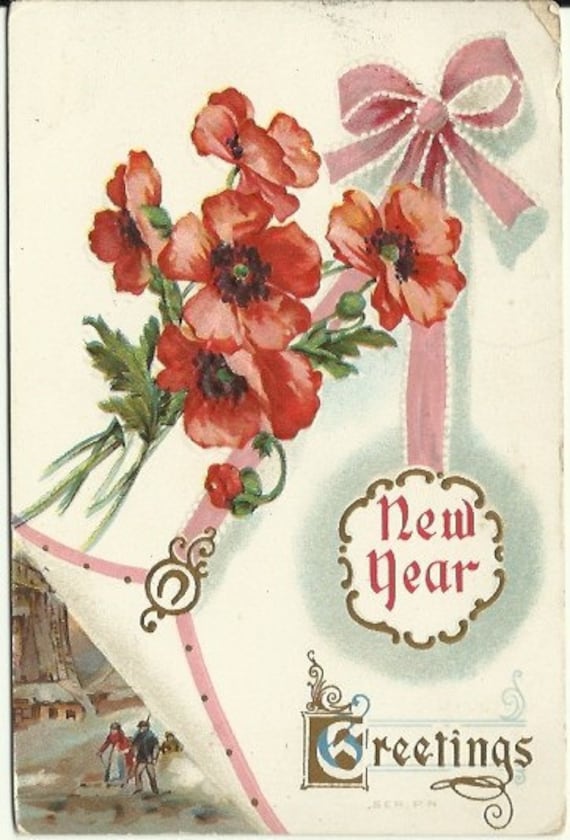 Antique Postcard "New Year Greetings" Beautiful Winter Scene Couple walking snow covered path Boquette of Red Poppies Tied w/ Pink Ribbon