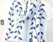 Hand Painted Silk Scarf, Blue and Green Vines Summer Scarf, White Silk Scarf, Silk Scarves Takuyo. Approx 11x60 inches. Made to order.