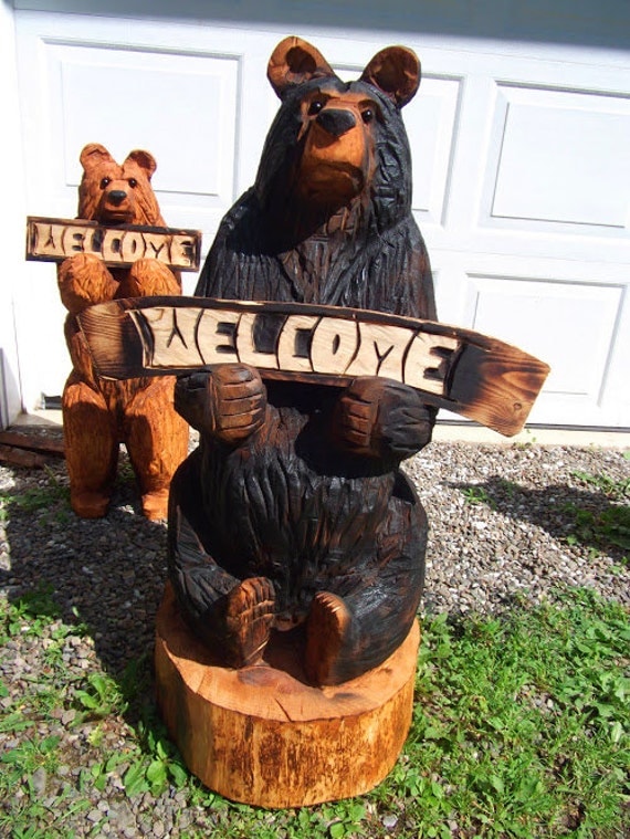 Chainsaw Carved Sitting Welcome Bear Available for Christmas