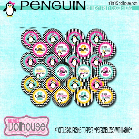 Personalized Penguin 4" Circles/Cupcake Toppers Pink Teal- 4" Cupcake Toppers Penguin Pink Teal-PDF Il_570xn