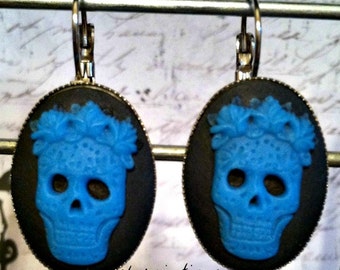 Sugar Skull Earrings in Blue and Black with Lever Back Hooks