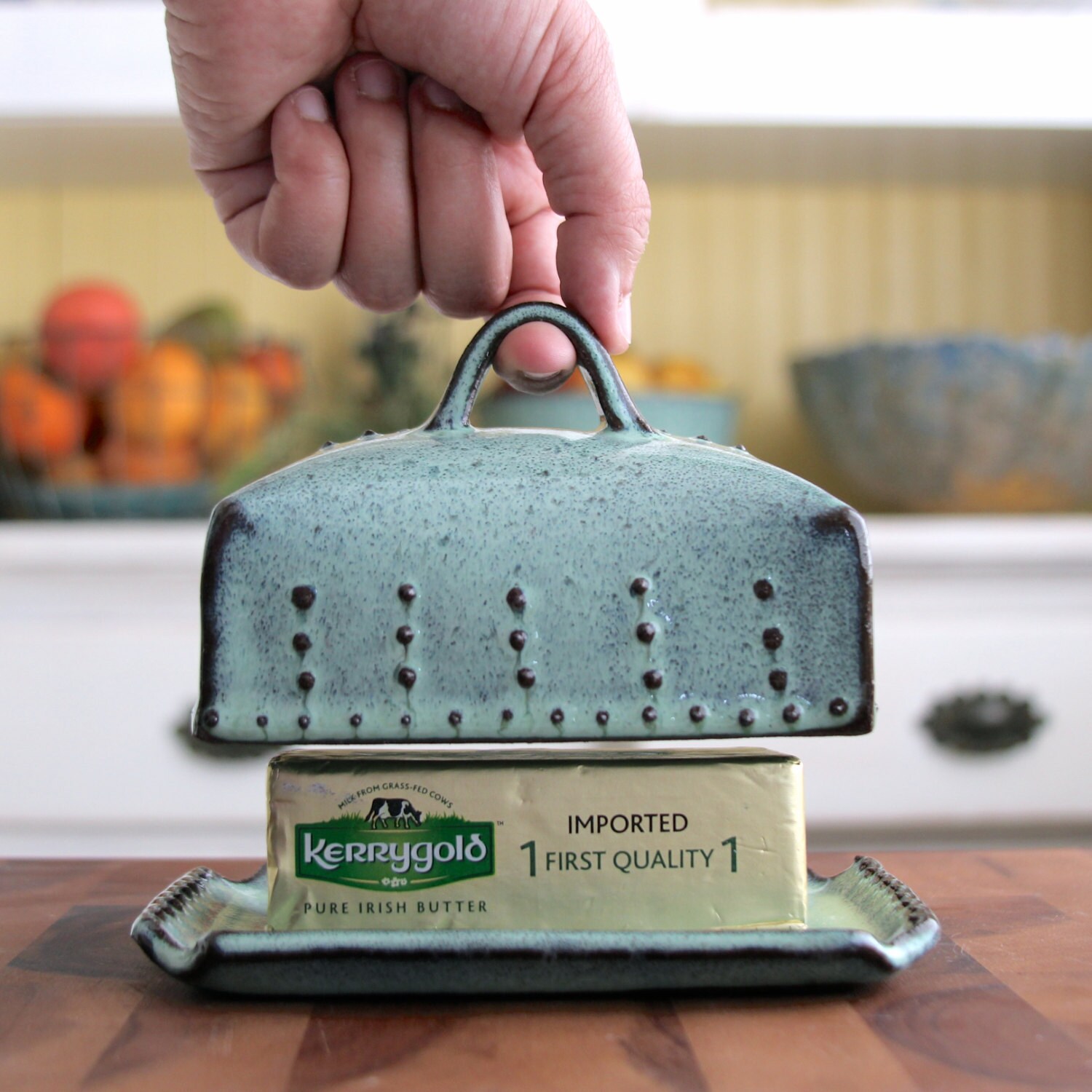 Butter Dish European Size with Lid and Handle Rustic Aqua