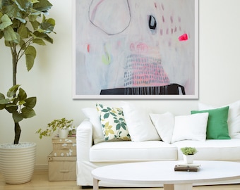 GICLEE print, WHITE abstract painting with pink, Modern painting "Lock RIng Series ii"
