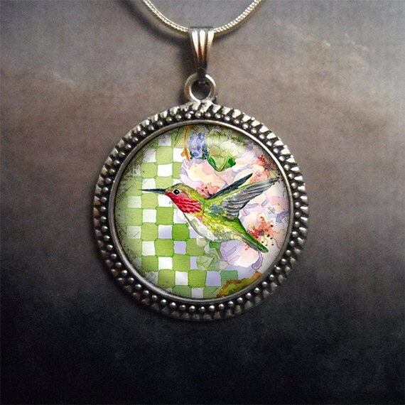 Summertime Hummer glass pendant, hummingbird jewelry, hummingbird ...
