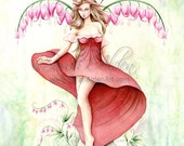 Red Fairy Art - Flower Fantasy Nature Art - Bleeding Hearts Painting - Valentines Day Decor - Fashion Art  - Sarah Alden