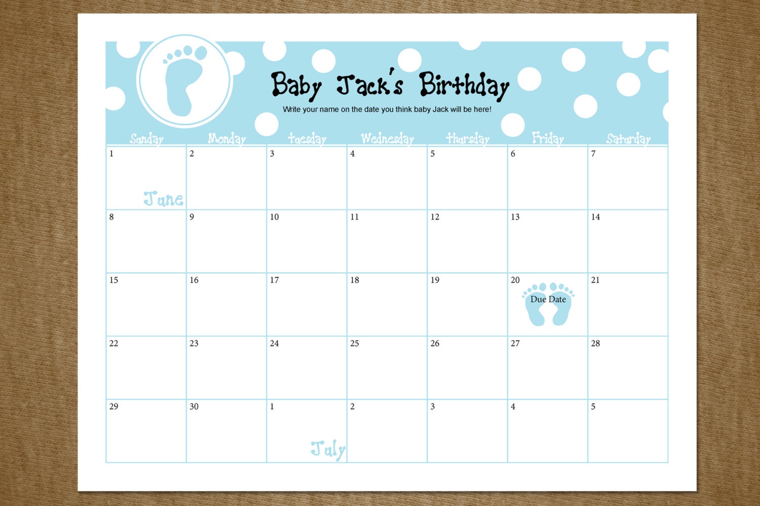 Baby Due Date Calendar Customized Guessing Baby Shower Game